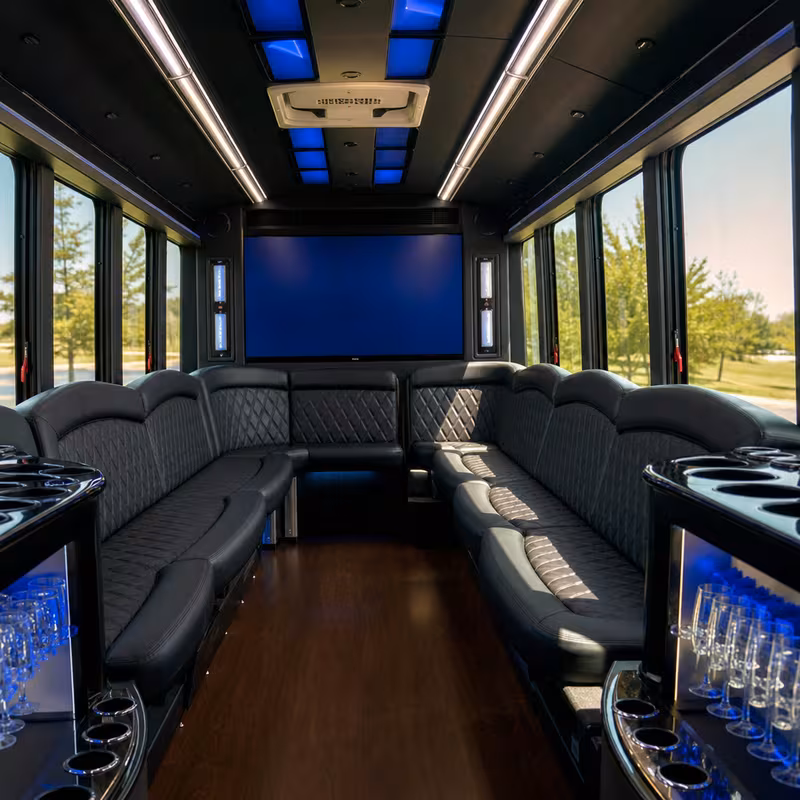 Friends laughing during a Coral Springs party bus celebration