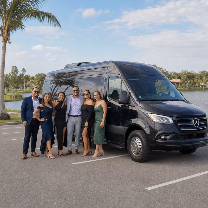 Group beside a Mercedes Sprinter limo from the Coral Springs fleet