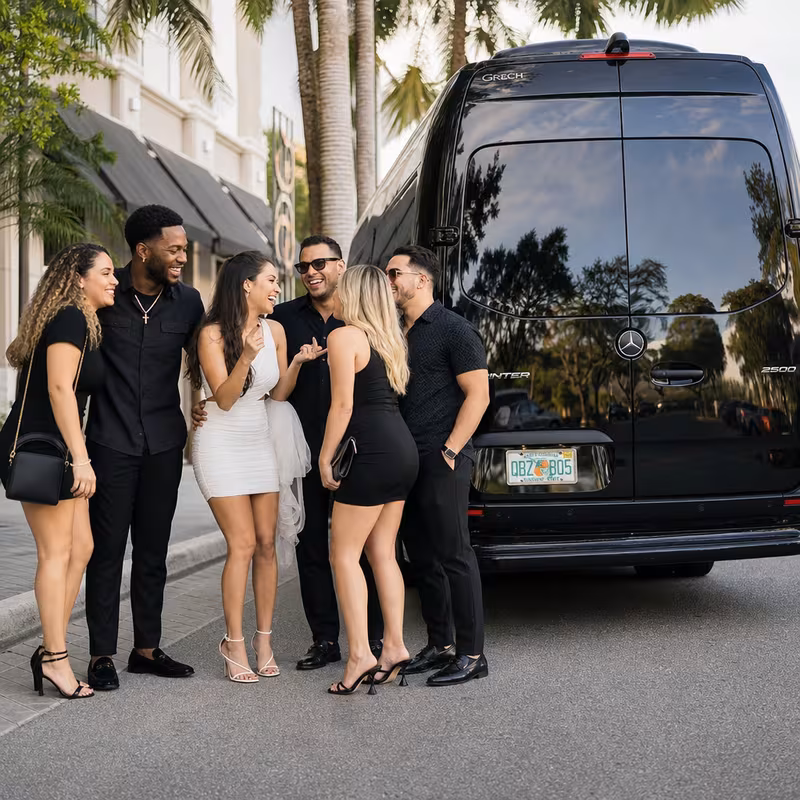Group boarding a white charter bus for Bachelor & Bachelorette Transportation transportation in Coral Springs