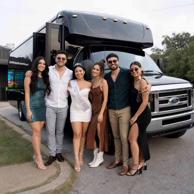 Group boarding a white charter bus for Birthday Transportation transportation in Coral Springs