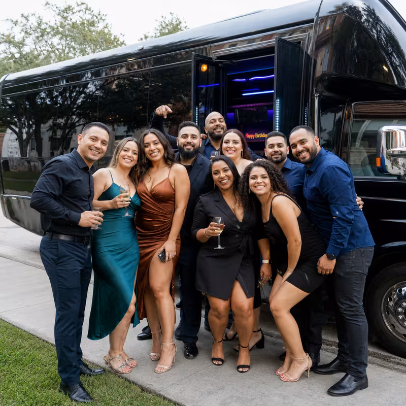 Party bus interior with wraparound leather seating and LED lighting in Coral Springs