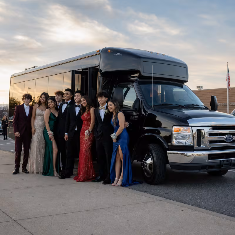 Group boarding a white charter bus for Prom & Homecoming Transportation transportation in Coral Springs