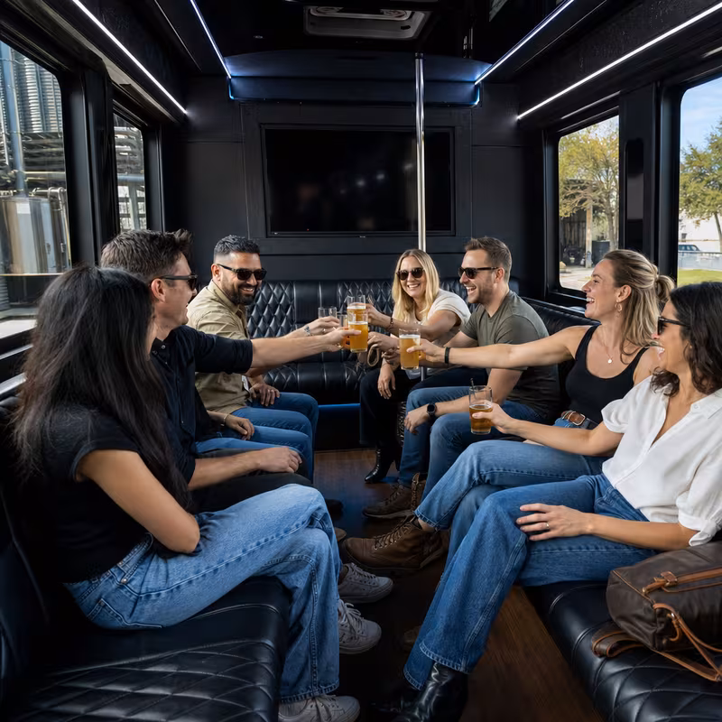 Group boarding a white charter bus for Winery & Brewery Tour Transportation transportation in Coral Springs